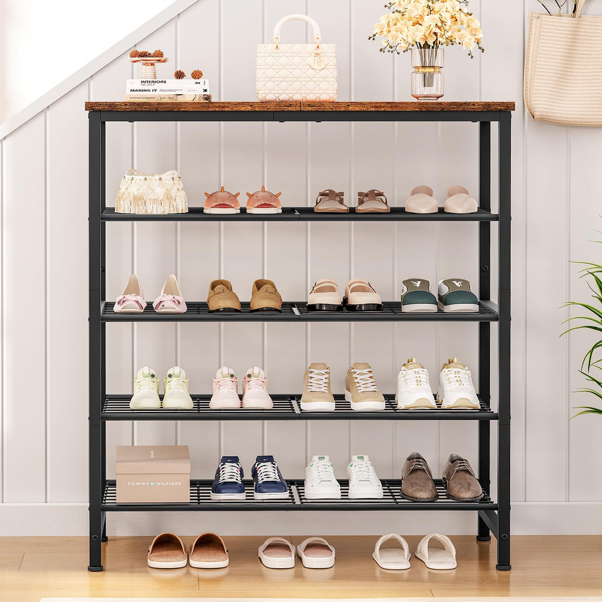 usikey 5-Tier Shoe Rack, Industrial Shoe Storage Organizer for 12-16 Pairs of Shoes, Metal Shoe Shelf with Wooden Top, Shoe Stand with 3 Metal Shelves for Entryway, Hallway, Closet, Rustic Brown usikey