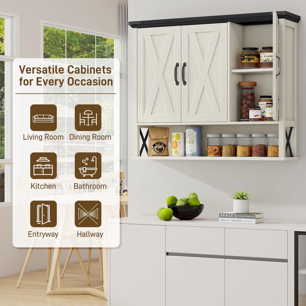 Halitaa Bathroom Wall Cabinet, Farmhouse Medicine Cabinet with Adjustable Wood Shelf & 3 Doors, Over The Toilet Storage Cabinet for Wall Mounted for Bathroom Laundry Room Kitchen, White and Black Halitaa