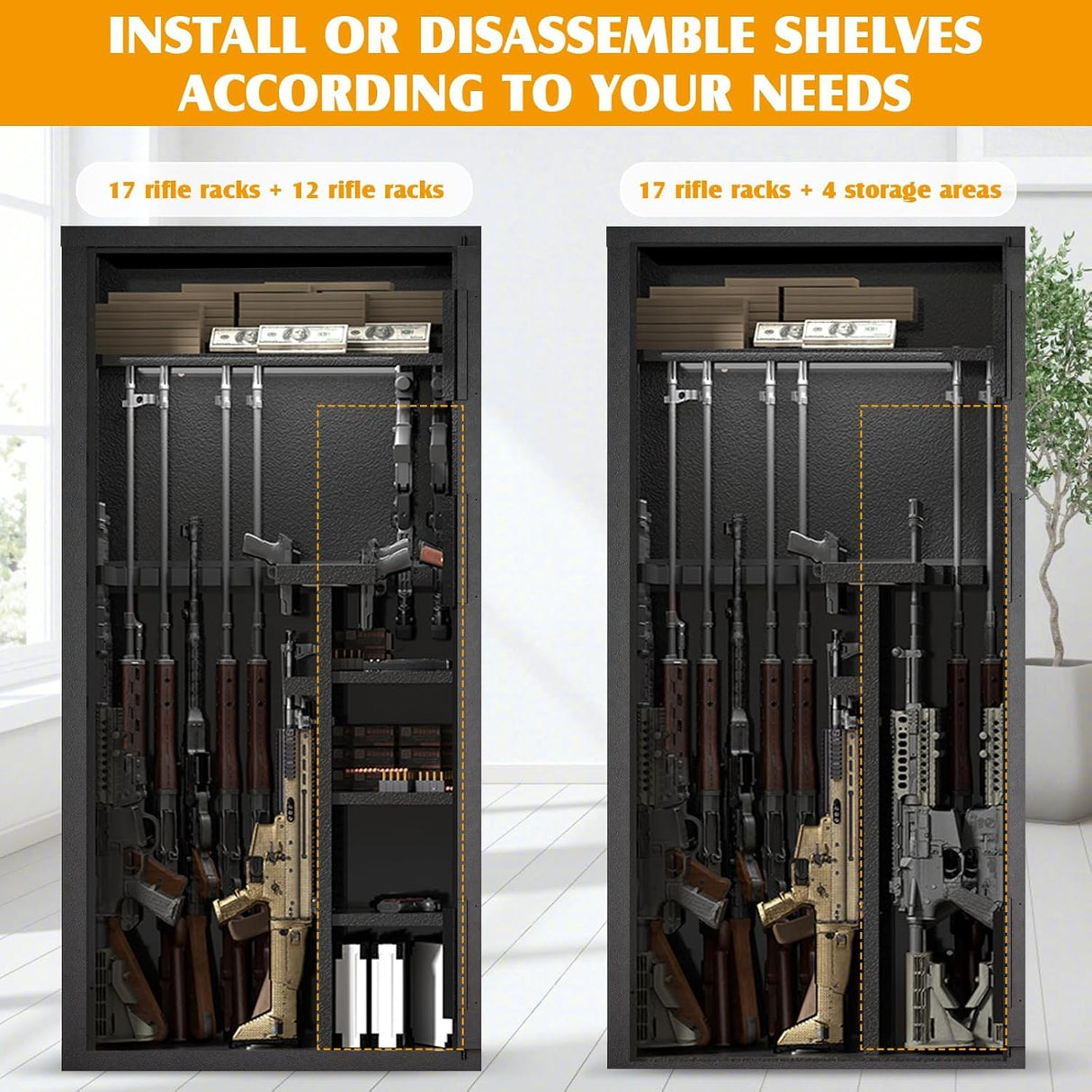 Large Rifle Safe, 35-40 Gun Safe for Rifle and Shotgun/Rifle Pistol Rack/Storage Pocket/Removable Shelf/Silent Mode/External Battery/LED/Key,180° Open Door Panel Organizer Unassembled Gun Safe Cabinet TTSITG