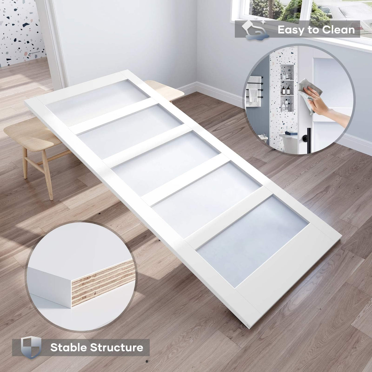 ROYMELO 48x84 Inch Glass Sliding Barn Door Slab and 8ft Hardware Kit Included, 5 Frosted Glass, LVL Wood Panel Covered with White Water-Proof Scratch-Proof PVC Surface, Simple DIY Assembly ROYMELO