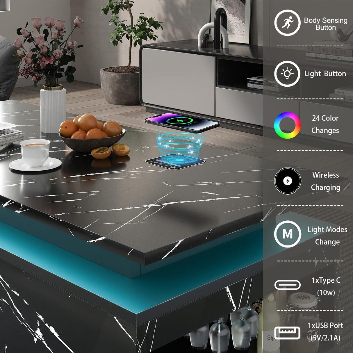 PPorfamilia LED Coffee Table with Storage, Black Coffee Table with Wireless Charging and Bluetooth Speaker, High Glossy Modern Center Table with 24-Color LED Lights for Living Room Bedroom PPorfamilia