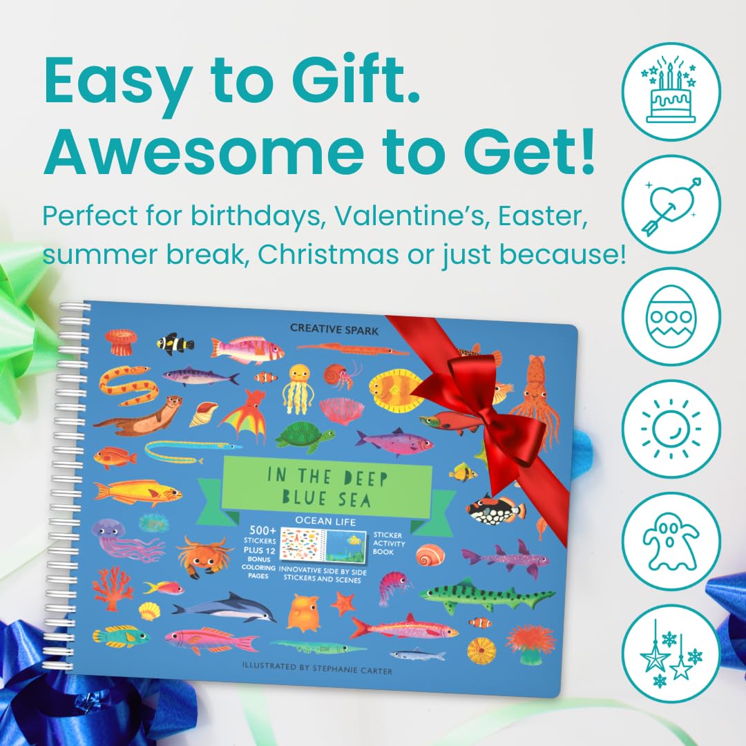 Cupkin Ocean Sticker Book Activity for Kids, Toddler Airplane Travel Essentials, 500+ Shark Stickers for Kids + 12 Scenes + 12 Coloring Book Pages, Deep Blue Sea Gift, Kid Crafts Ages 2-8 CUPKIN