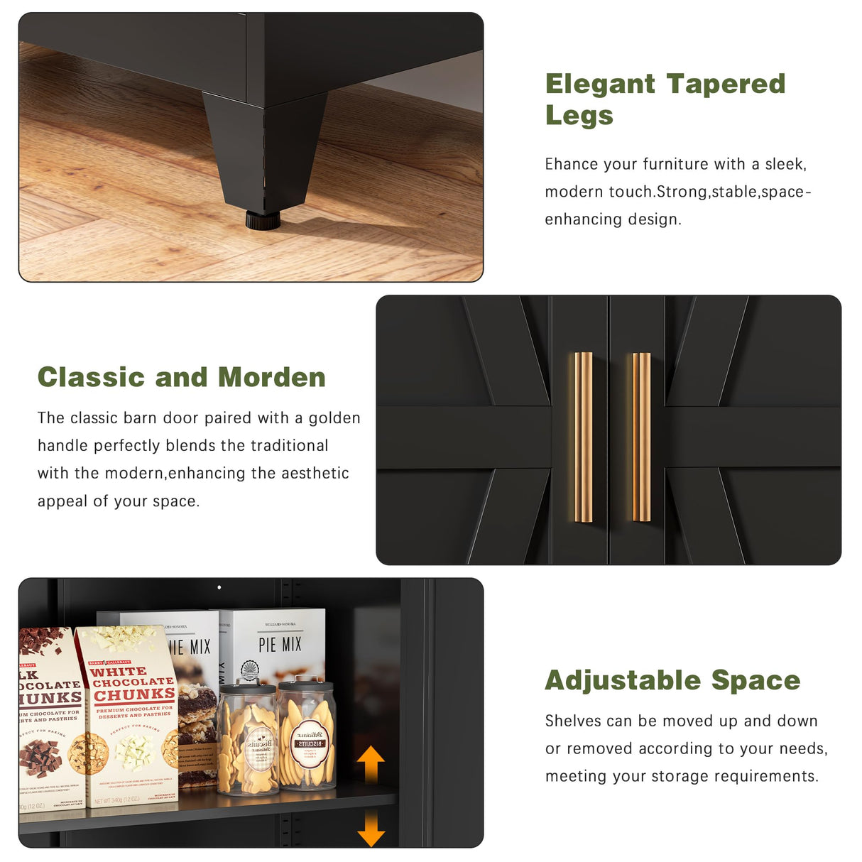 COFaR Black Farmhouse Storage Kitchen Pantry Cabinet with 2 Barn Door, 4 Adjustable Shelves and Legs, for Cupboard/Dining Room/Bathroom/Living Room/Office/Laundry Room (Black, 71" Farmhouse) COFaR