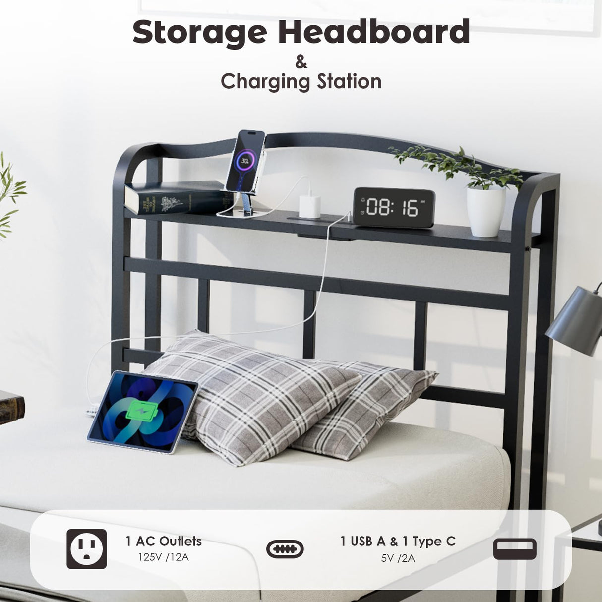 YORMDMO Twin Bed Frame - Storage Headboard with Charging Station, Easy Assembly, Heavy Duty Metal Bed Frame, No Box Spring Needed, 18 Inch, Black YORMDMO