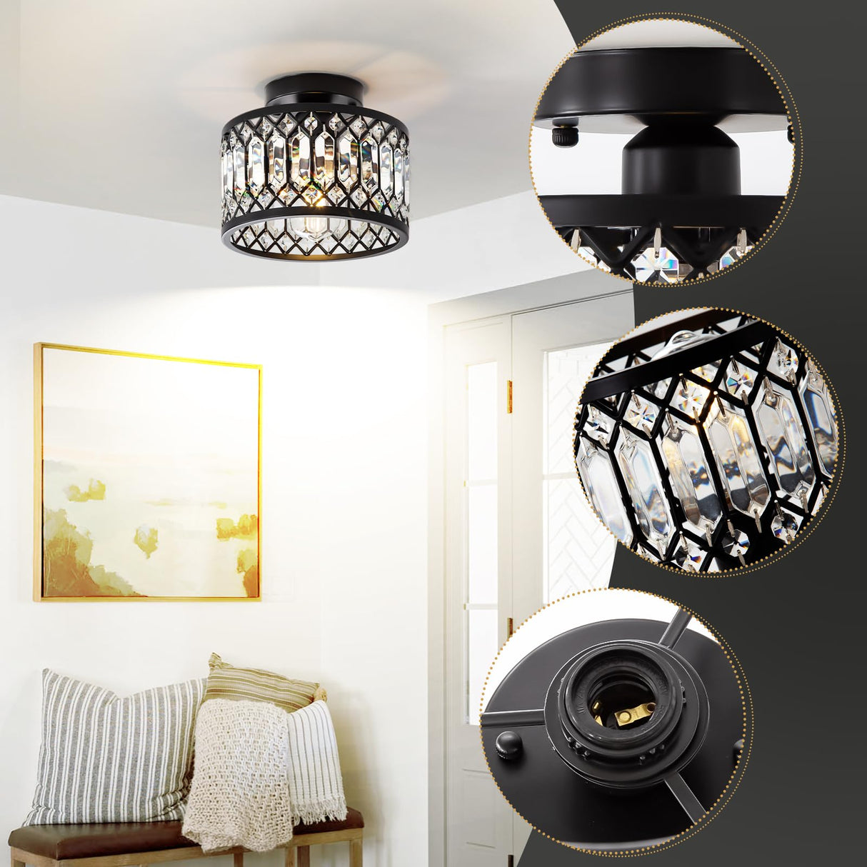 WimiSom Black Crystal Ceiling Light, Modern Semi Flush Mount Ceiling Lighting Fixture, Hand Woven Flush Mount Ceiling Light for Hallway, Bedroom, Kitchen, entryway, Living Room WimiSom