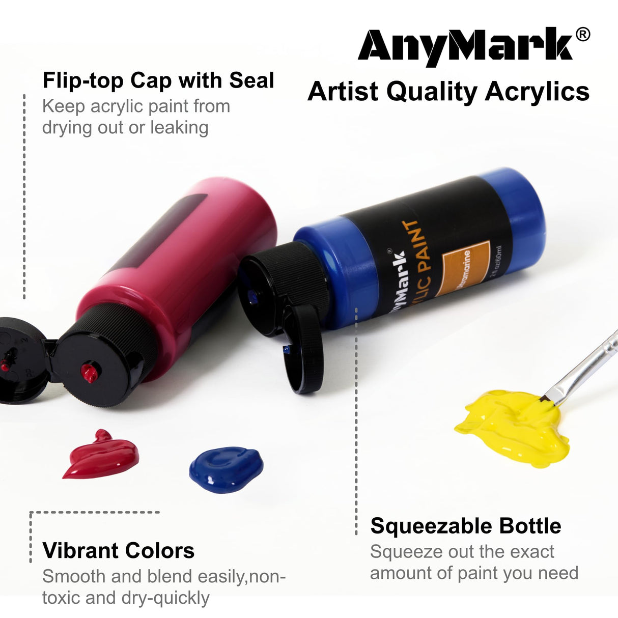 AnyMark Acrylic Paint, 24 Colors Acrylic Paint Set, 2 fl oz/60ml Bottles, Non Toxic Art kit Painting Supplies for Kids Adults Canvas,Rock,Wood AnyMark