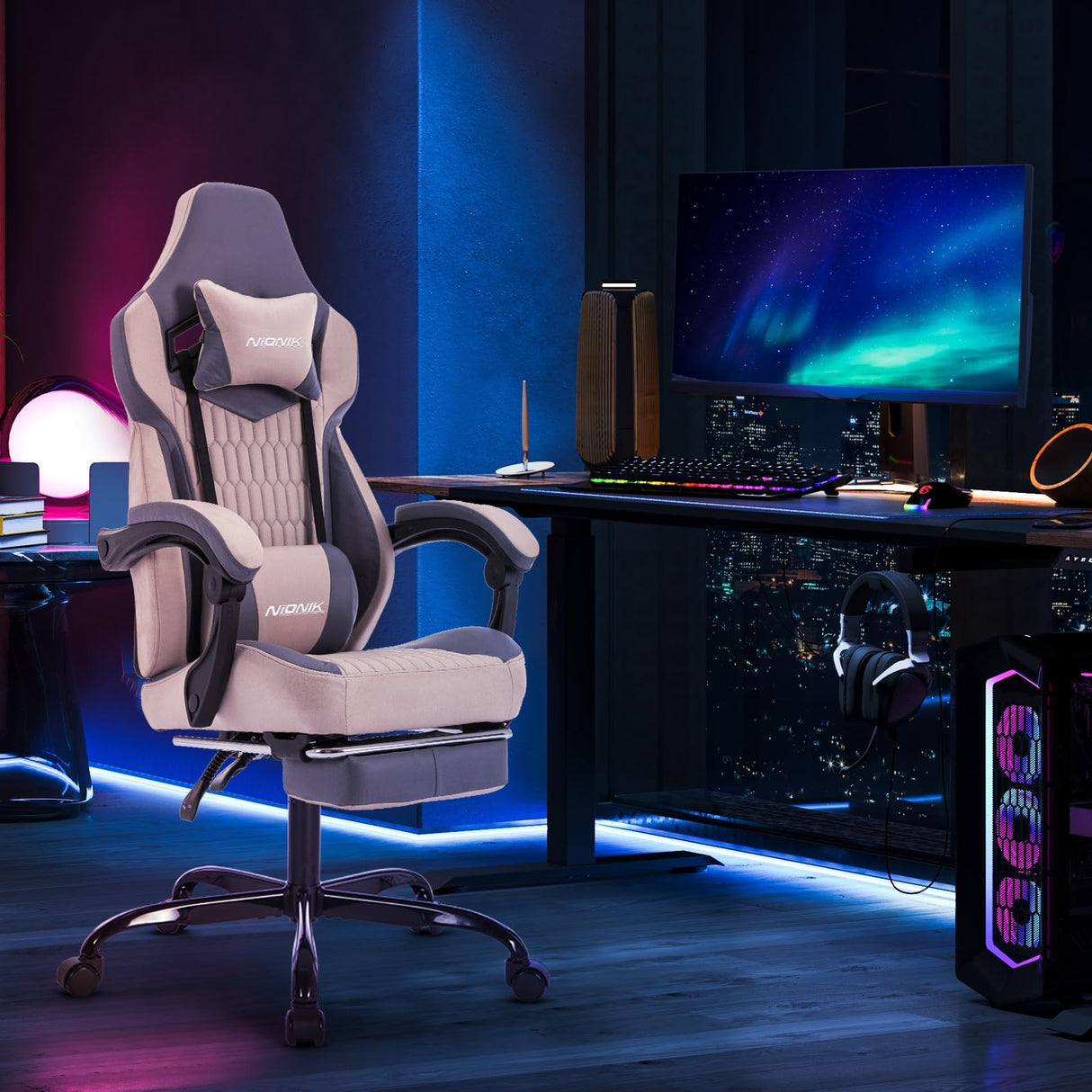 Gaming Chair,Ergonomic Computer Chair,Racing Style Gaming Chair with Massage Waist Pillow and Headrest, Height Adjustable PVC Leather Video Gaming Chair for Office/Home, Beige NIONIK