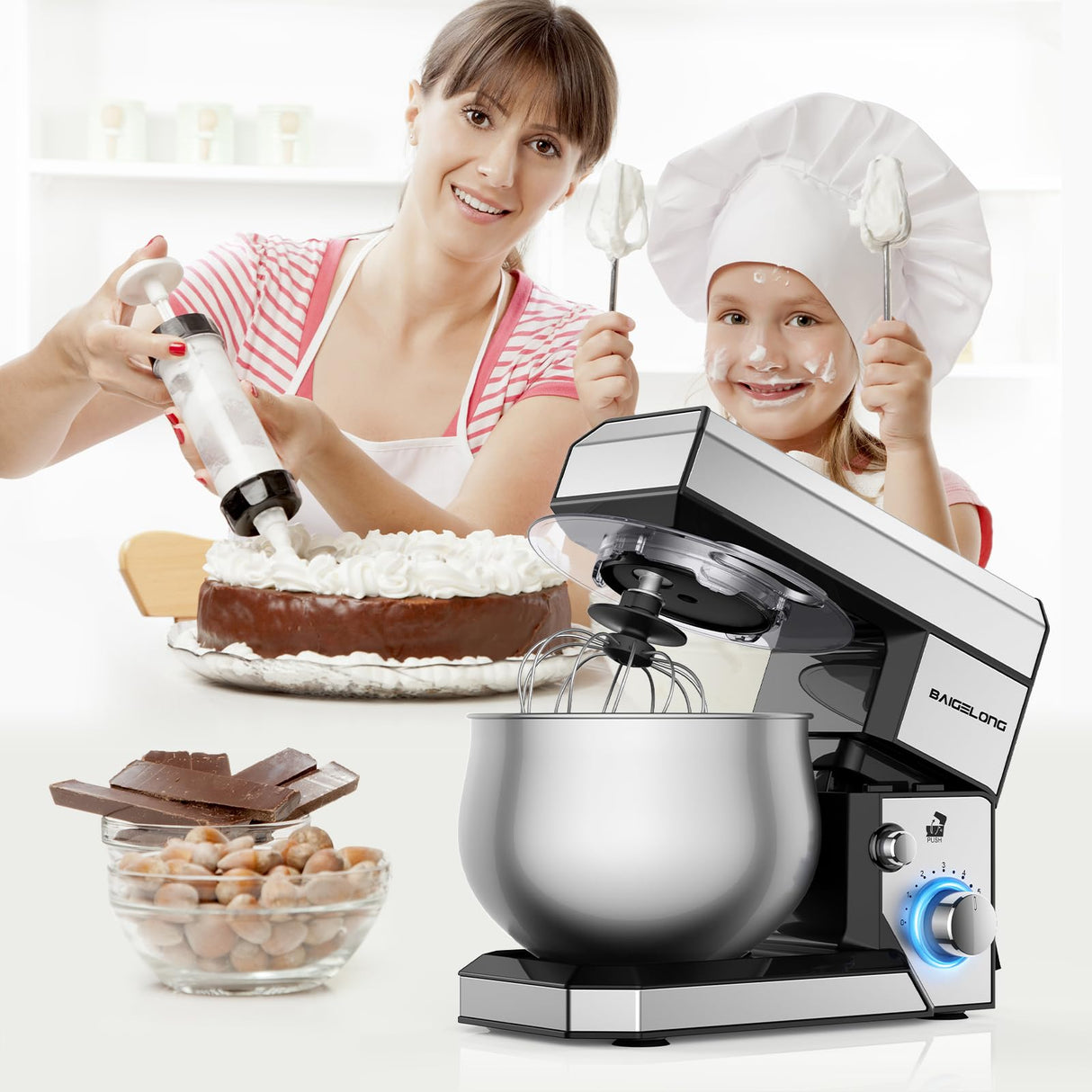 BAIGELONG 6+P Speeds Stand Mixer, 4.2QT Small Food Mixer with Stainless Steel Bowl, Dough Hook, Beater, Whisk & Scraper, Electric Kitchen Mixer Dough Mixer for Baking, Most Home Cooks, Silver BAIGELONG