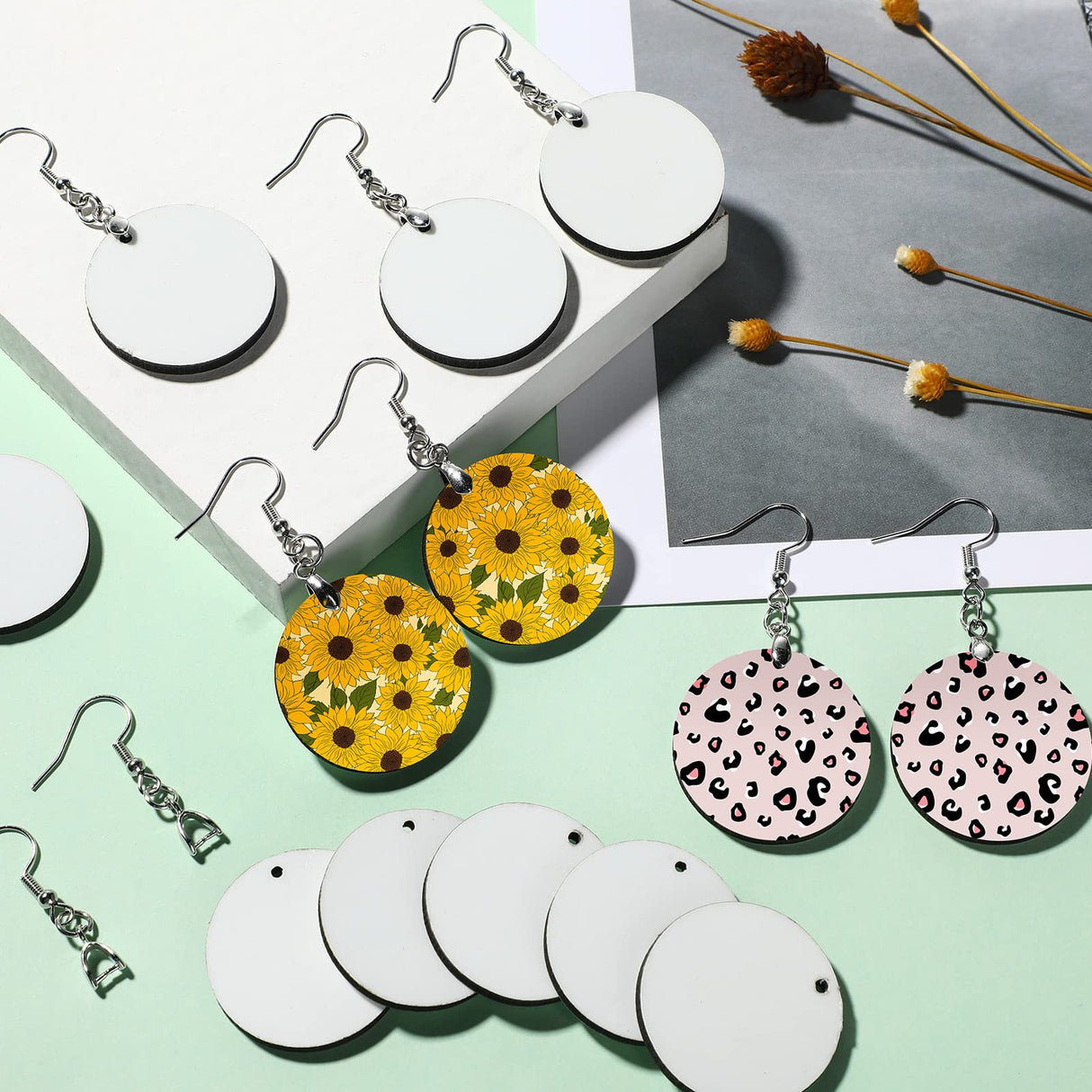Yaomiao 36 Pcs Christmas Sublimation Blank Earrings Bulk Heat Transfer Earrings Unfinished Wood Transfer White Earring with Hooks for DIY Jewelry Making (Round Style) Yaomiao