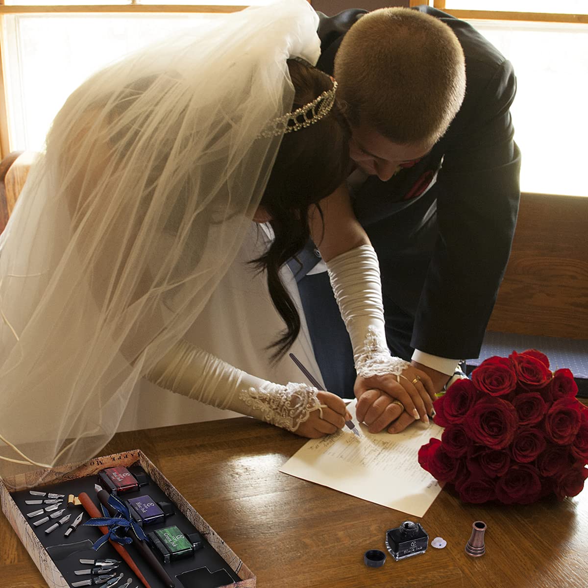 YICMY Calligraphy Pen Set,Calligraphy Set For Beginners Includes Oblique Pen Wooden Calligraphy Pen 12 Pen Nibs & 4 Different Color Inks Dip Pen Set Fountain Pen Set Retro Gift YICMY