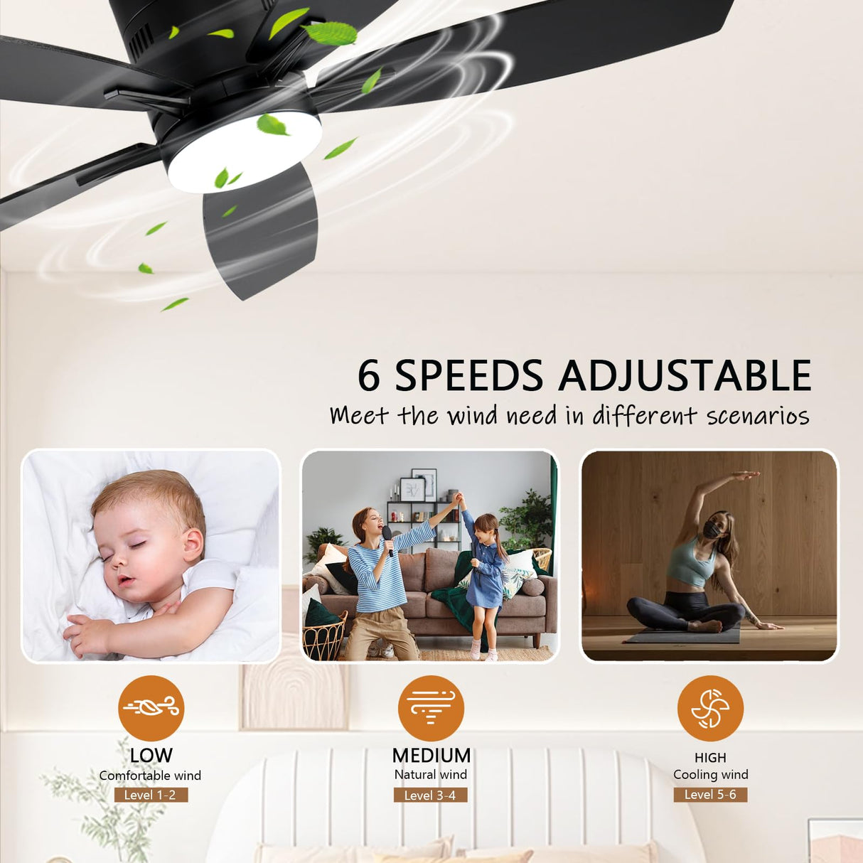 Ayaoty Ceiling Fans with Lights, 52" Low Profile Indoor Ceiling Fan with Light and Remote Control, Dimmable, Noiseless, Reversible, Black Ceiling Fan for Bedroom, Indoor/Outdoor Use Ayaoty