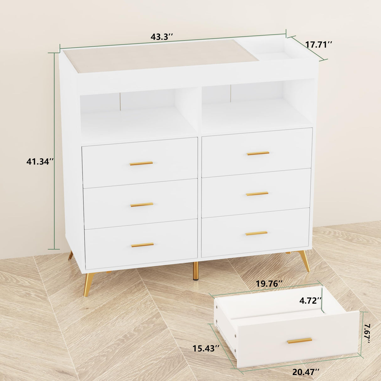 GarveeHome Dresser for Bedroom with 6 Drawers, Baby Changing Table Dresser with Changing Pad, LED Lights & Charging Station, Baby Changing Station with Changing Table Top, White GarveeHome
