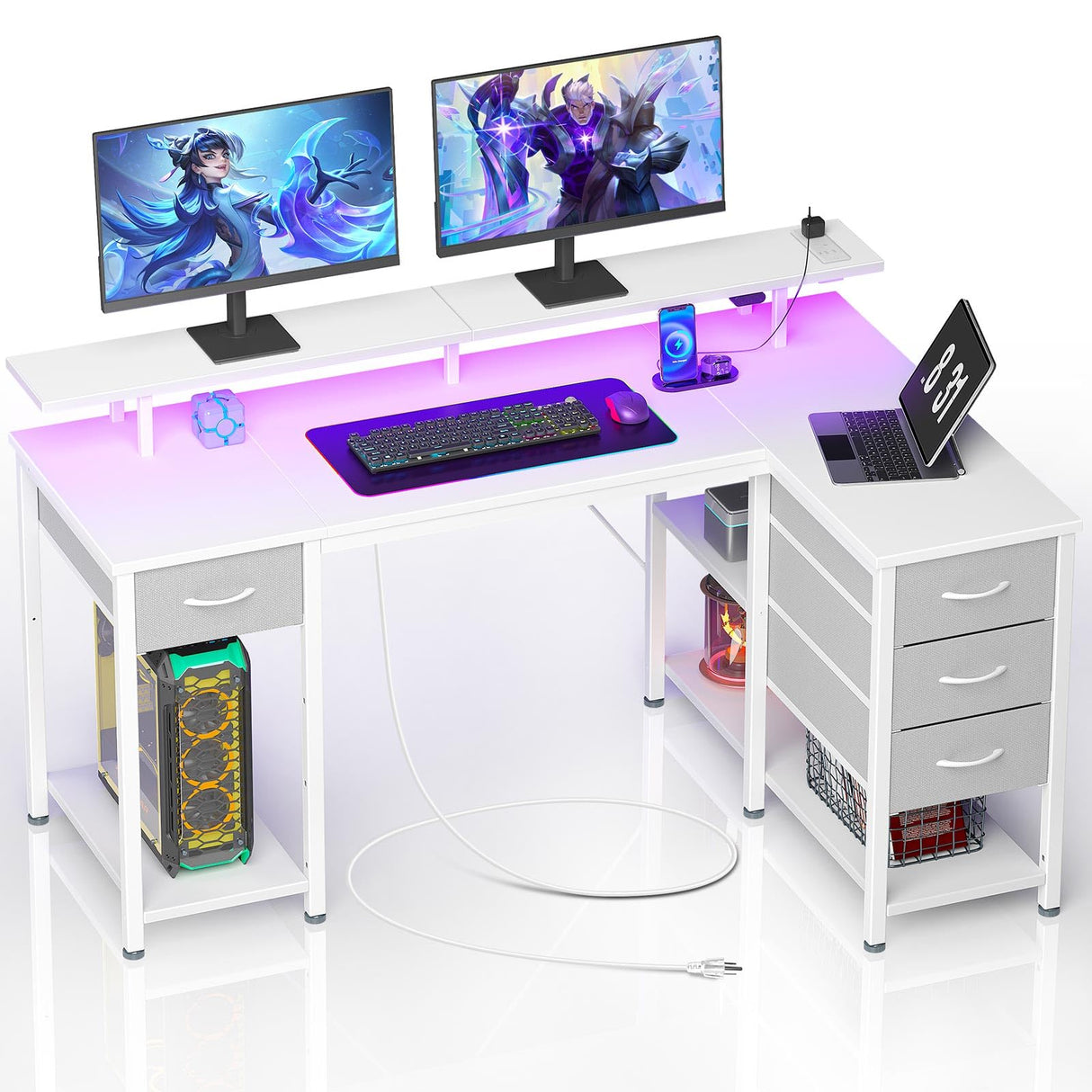 Seventable Gaming Desk with Drawers, 47.2 Inch L Shaped Desk with Storage Shelves, Small Office Desk with LED Lights & Power Outlets, White Corner Computer Desk with Monitor Stand for Bedroom Seventable