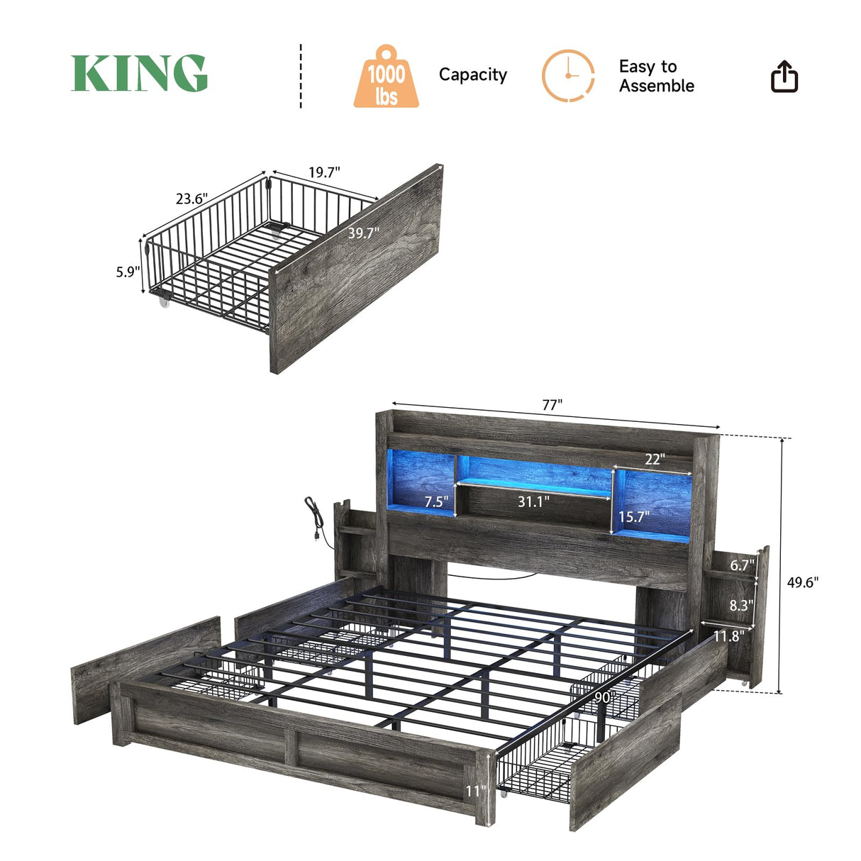 AMERLIFE King Size Bed Frame with 4 Storage Drawers, LED Bed Frame with 49“ Tall Bookcase Headboard, Wood Platform Bed with Charging Station & 2 Slide Bedside Shelf, No Box Spring Needed/Rustic Grey AMERLIFE