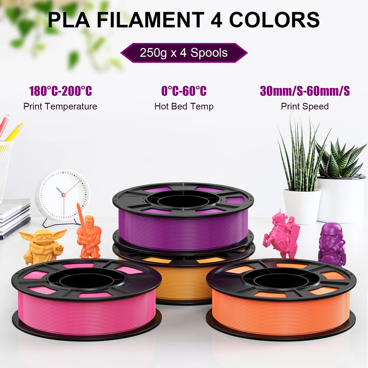 HEPHI3D 3D Printer PLA Filament Bundle 250g X 4 Spools, 1.75mm PLA Filament Pack 3D Printing Material, Bright Color Pink/Purple/Orange/Gold, PLA Filaments for Most FDM 3D Printer HEPHI3D