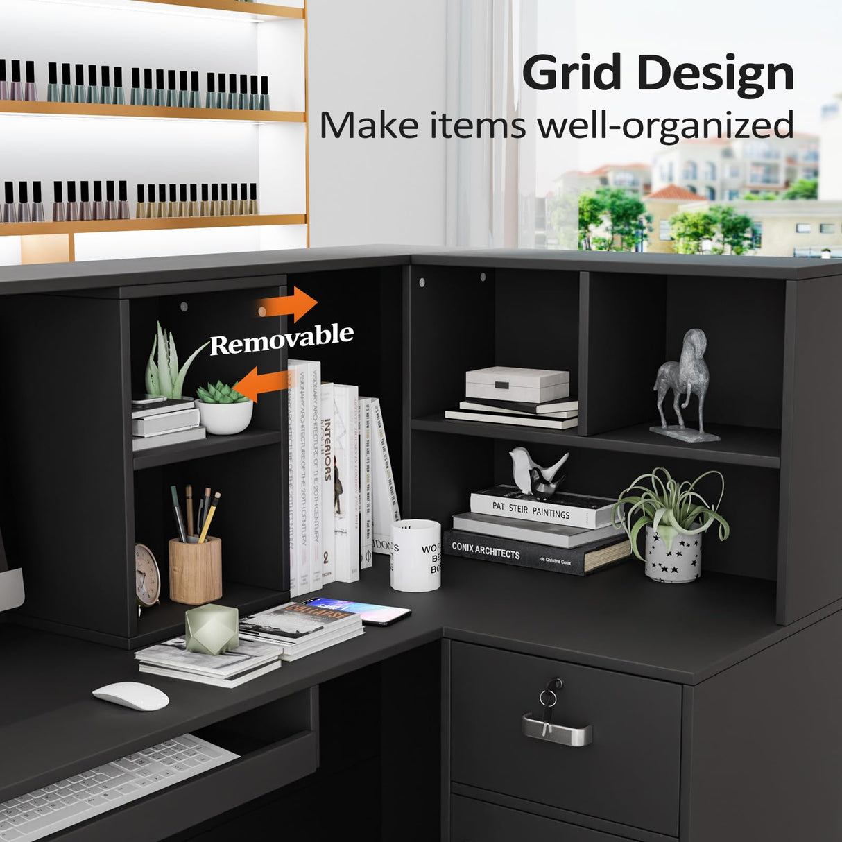 Modern Reception Desk, Moveable Shelves and Lockable Drawers, Retail Checkout Counter Table, for Lobby Beauty Salon Office (Black) OmySalon