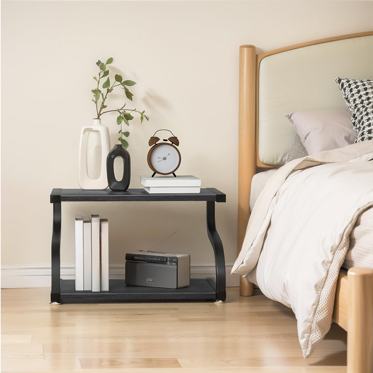 URLINE Printer Stand with Storage 2 Tier Desktop Shelf Printer Table Organizer Anti-Slip Heavy Duty Modern Wooden Shelf for Office Home,Black URLINE