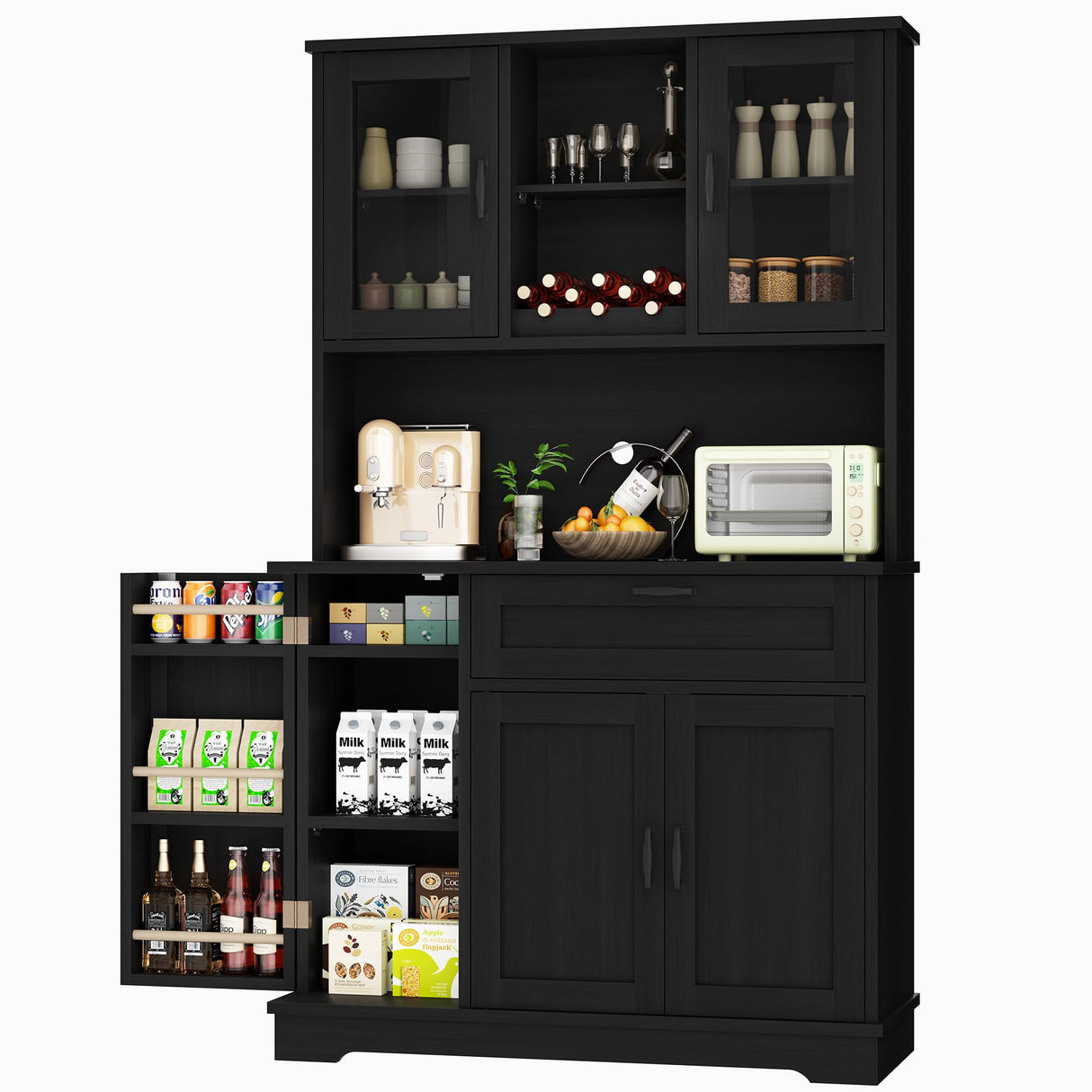 Shintenchi Kitchen Pantry Storage Cabinet, Freestanding Buffet Cabinet with Microwave Stand & 4 Door Shelves, Kitchen Hutch with Doors, Adjustable Shelves and Wine Rack, Black Shintenchi