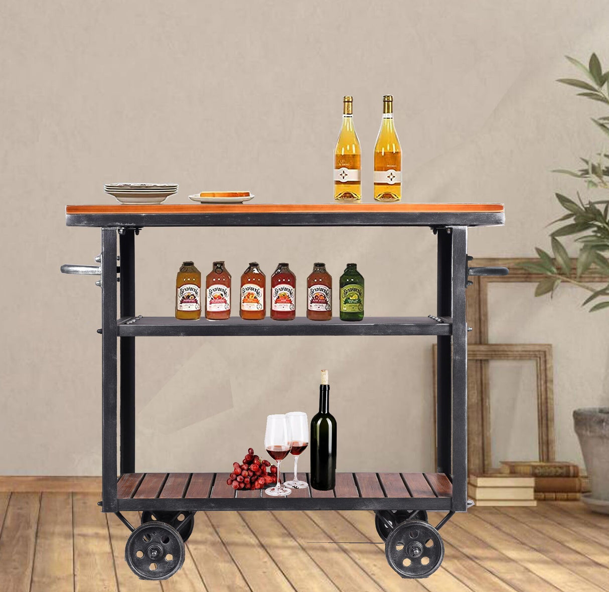 BOKKOLIK Vintage Rolling Bar Cart on Wheels Industrial Mobile Serving Cart Metal and Wood Design for Kitchen Bar Office Coffee House 36.2" Lx15.75 Wx30.5 H 3 Tier with 2 Side Handle BOKKOLIK