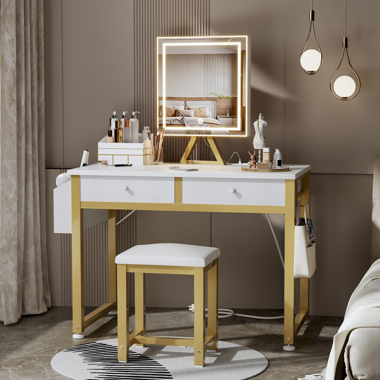 Lufeiya Small Makeup Vanity Desk with Fabric Drawers, 32 inch White Vanity Desks with Mirror and Light, Dressing Table and Chair Set with Power Outlet for Girls Bedroom, White Gold Lufeiya
