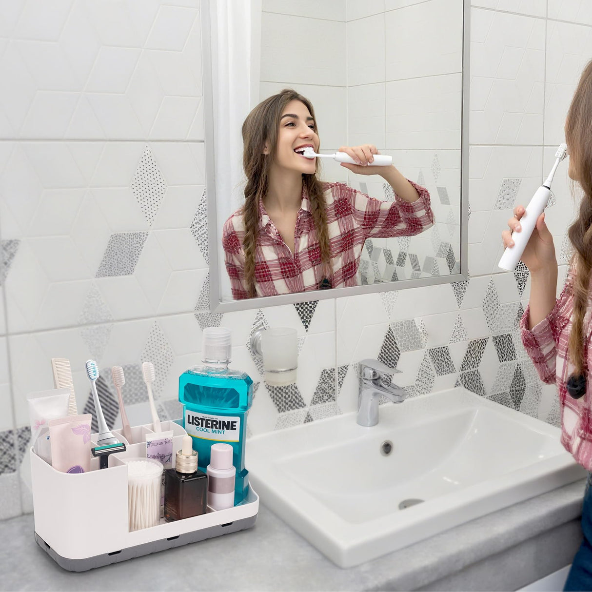 QIYVLOS Bathroom Organizers and Storage, 8 Slots Detachable Toothbrush Holders for Bathrooms, Anti-Slip Bathroom Countertop Organizer with Drainage Hole Vanity Storage (White) QIYVLOS