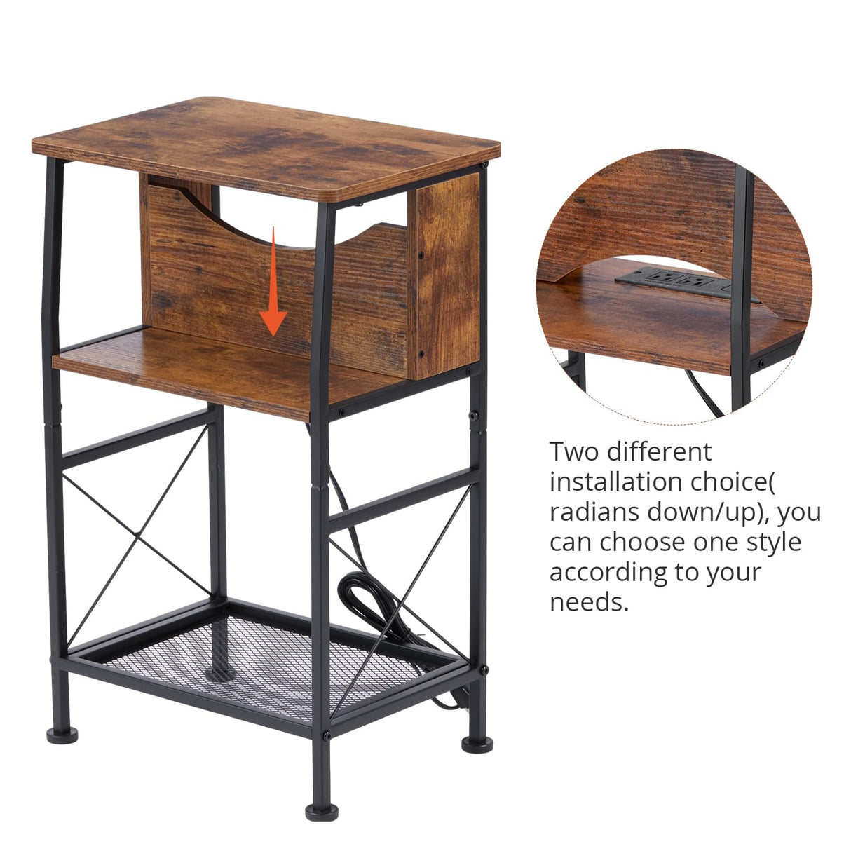 3 Tier Narrow Side Table with Charging Station, Slim End Table Nightstand Table Storage Shelf With Hidden USB Ports , Two Installation Methods For Small Spaces/Bedroom/Living Room/Office,Rustic Brown YEAKOO