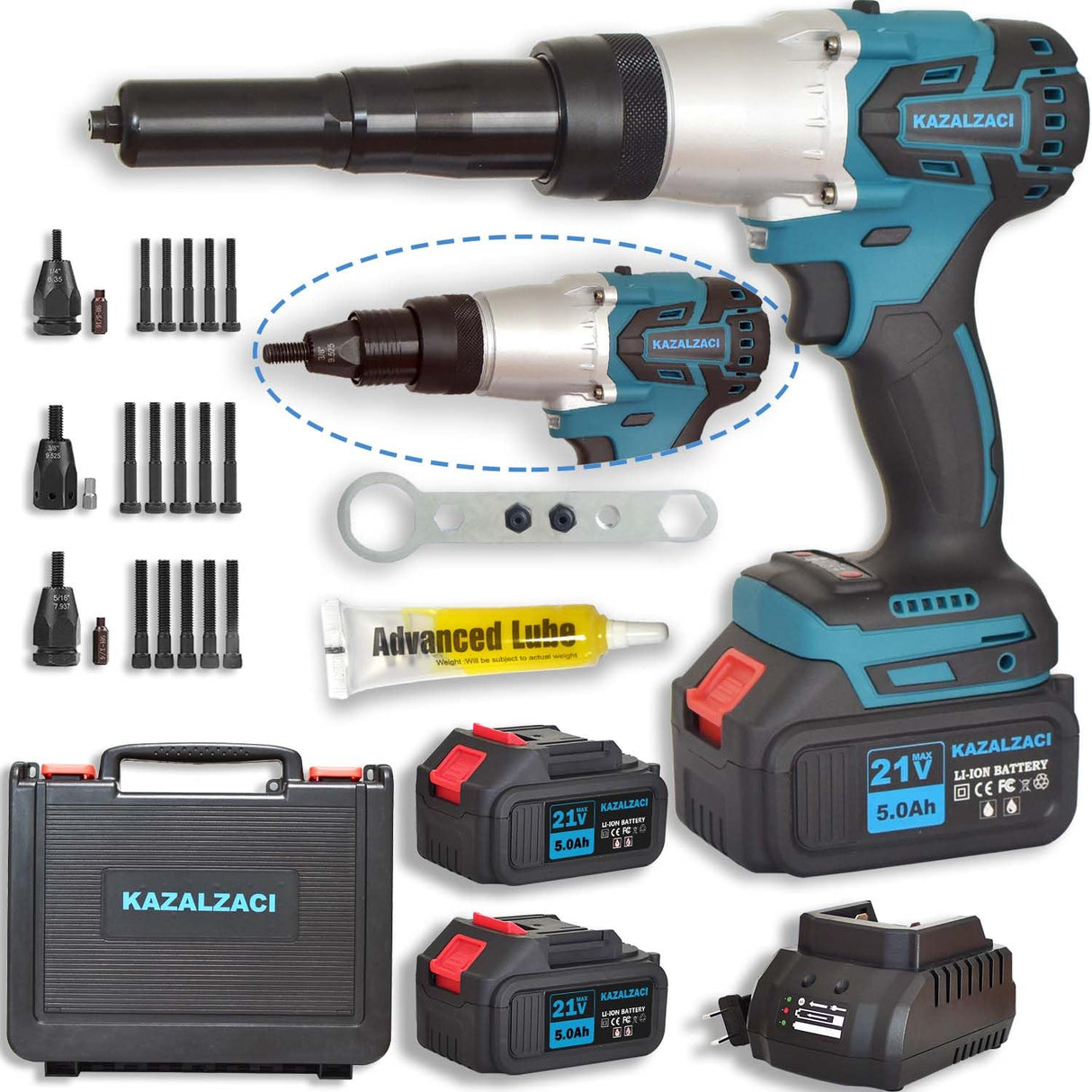 kzalzaci Cordless Rivet/Rivet Nut Gun, 2in1 Rivet Tool for Rivets(1/8'', 5/32'', 3/16") and Rivet Nuts(1/4",5/16",3/8"), Automatic Blind Rivet, 2 Battery Packs kzalzaci