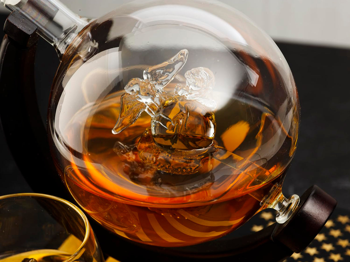 U.S. Marine Globe Whiskey Decanter Set with 4 Liquor Glasses - Wood Flag Base Marine Veteran Gift Set - Navy Gifts Men, Dad, U.S.A Flag - Bourbon & Scotch Military Gift for Father The Wine Savant