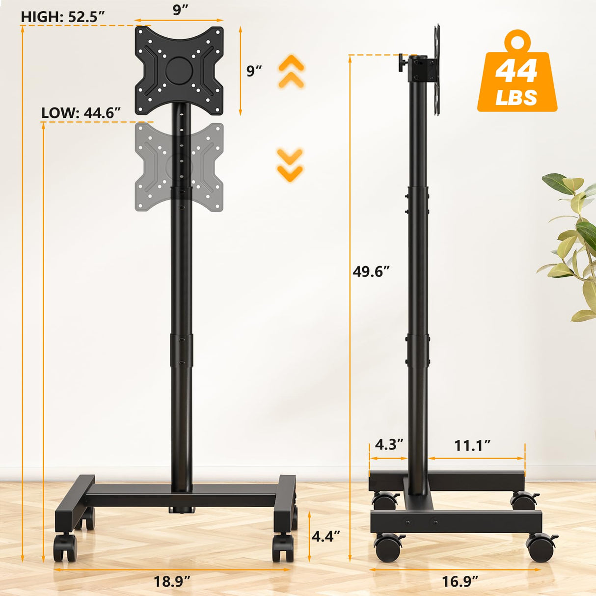 5Rcom Rolling TV Stand, Mobile TV Cart for 13-50 Inch Flat Curved TV with Tilting and Rotating, Portrait to Landscape, Height Adjustable Portable TV Stand with Wheels for Home/Office/Outdoor/Mall 5Rcom