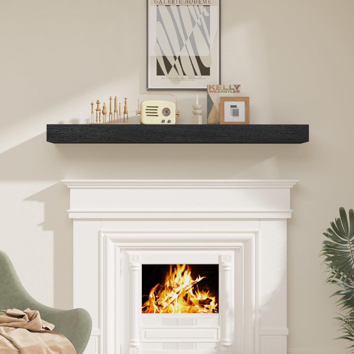 SAUMONIERES Fireplace Mantel Shelves 60 Inch Solid Wood Wall Mounted Long Floating Shelf Hollow, Black SAUMONIERES