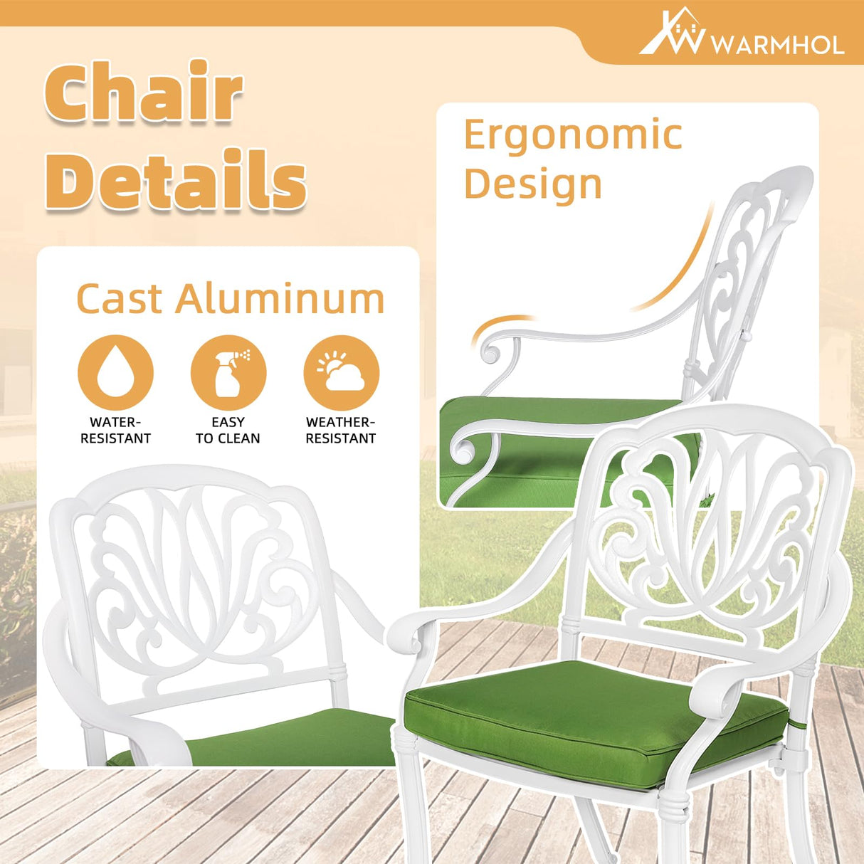 W WARMHOL 5-Piece Outdoor Patio Dining Set, All-Weather Cast Aluminum Patio Furniture Set for Backyard Garden Deck with 4 Chairs, 4 Cushions and 35.4” Round Table, 2.2" Umbrella Hole, White W WARMHOL