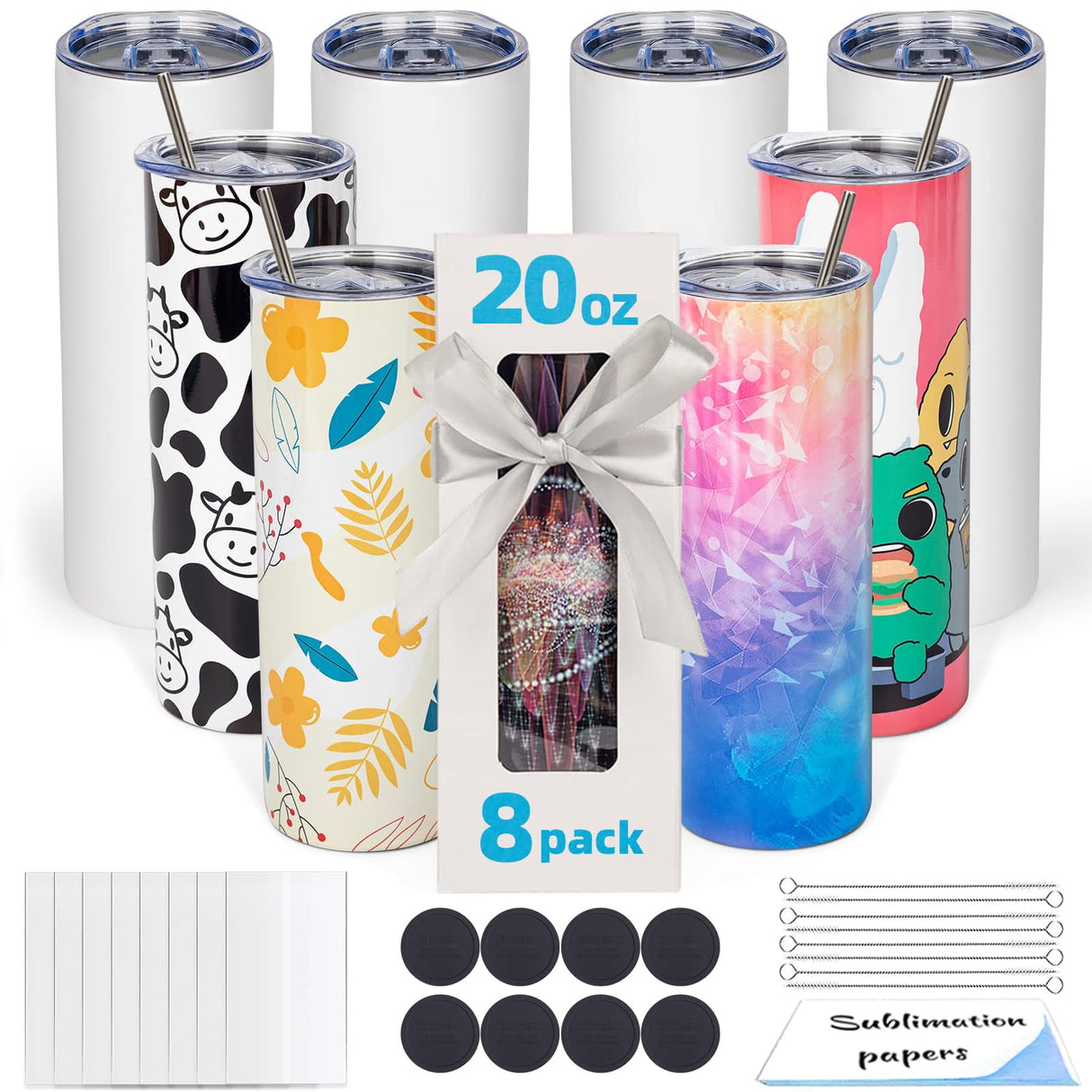 UIRZOTN 8 Pack 20 OZ Sublimation Tumbler Blanks Skinny Straight in Bulk, Stainless Steel Insulated Sublimation Tumbler with Polymer Coating for Heat Transfer, With Lid, Straw, ribbon, Gift Box UIRZOTN