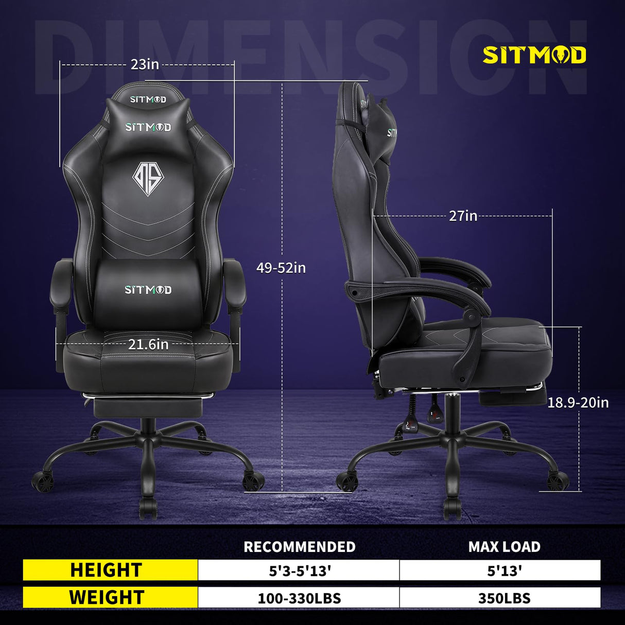 Gaming Chair for Adults, Big and Tall Gamer Chairs with Footrest and Lumbar Support, Height Adjustable Reclining Heavy Duty Computer Chair for Gaming Room, Living Room and Office SITMOD