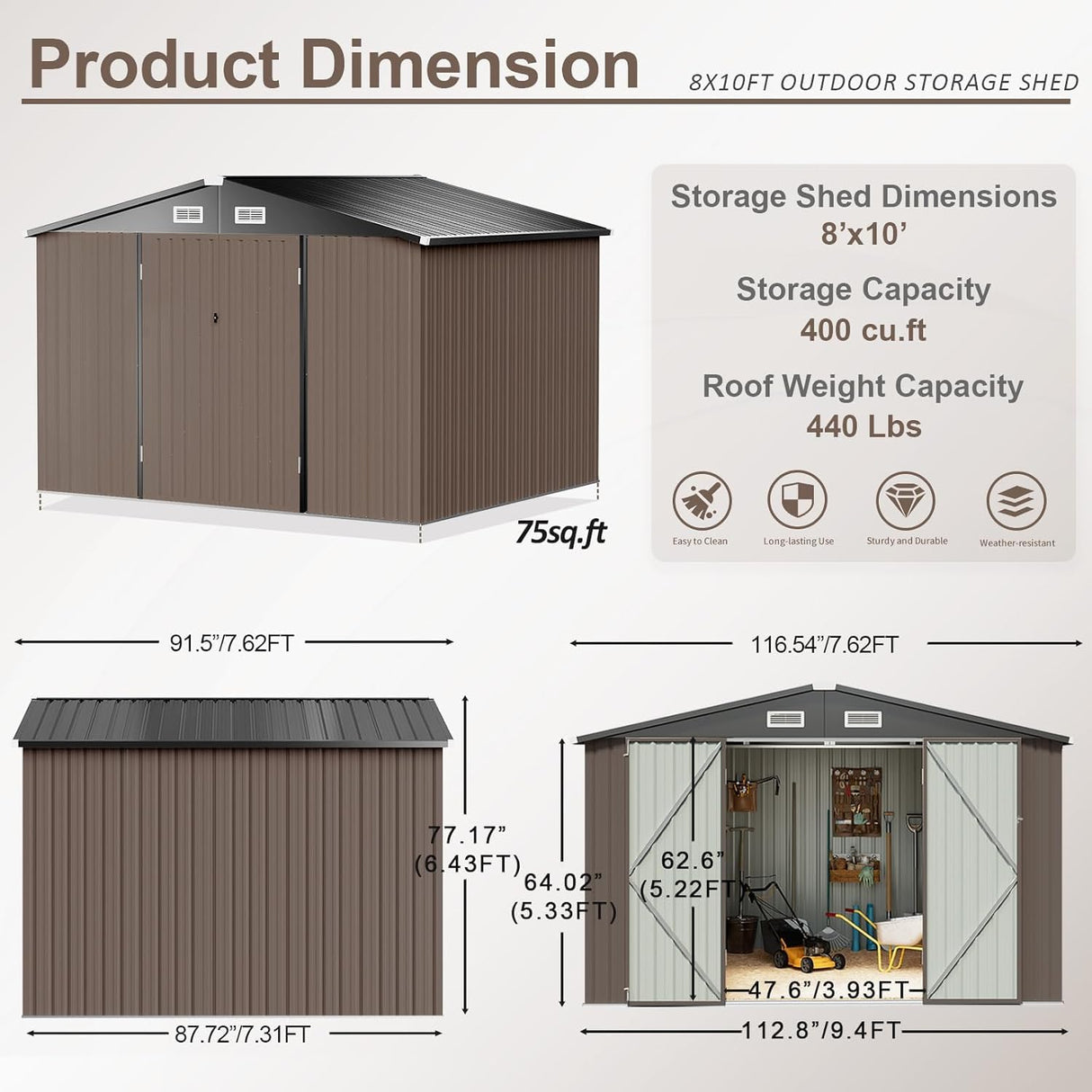 Aoxun Outdoor Storage Shed, 7.6 x 9.7 FT, Garbage Can, Outdoor Metal Shed for Tool, Garden, Bike, Placed in Patio, Garden Brown Base Included Aoxun