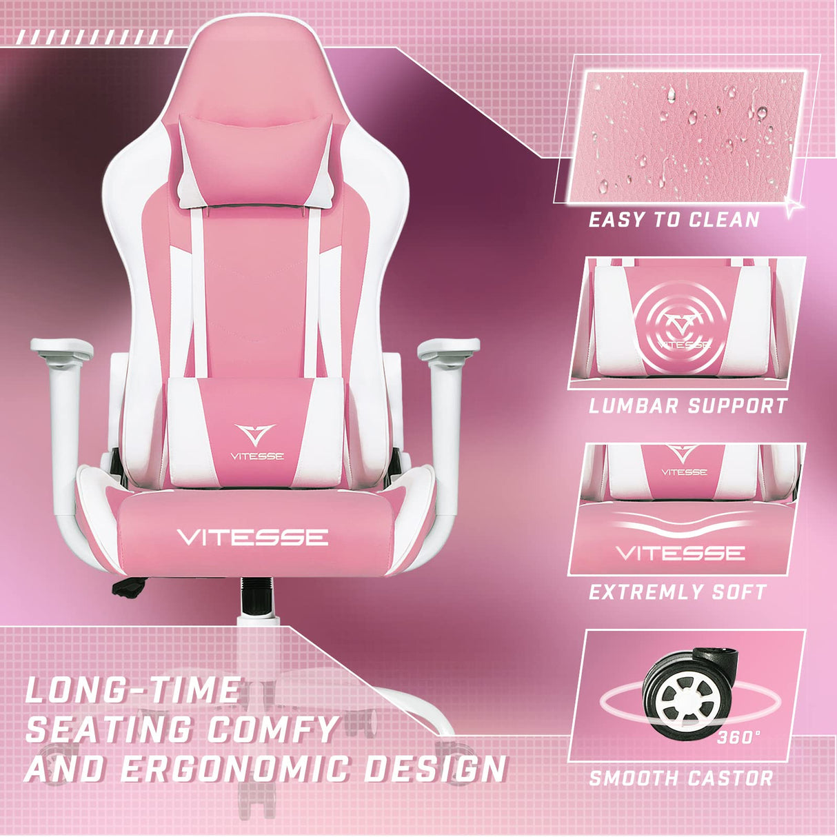 PUKAMI Pink Cute Kawaii Gaming Chair for Girl Ergonomic Desk Racing Office Adjustable High Back Game Swivel Leather Chair with Lumbar Support and Headrest WoodArtSupply