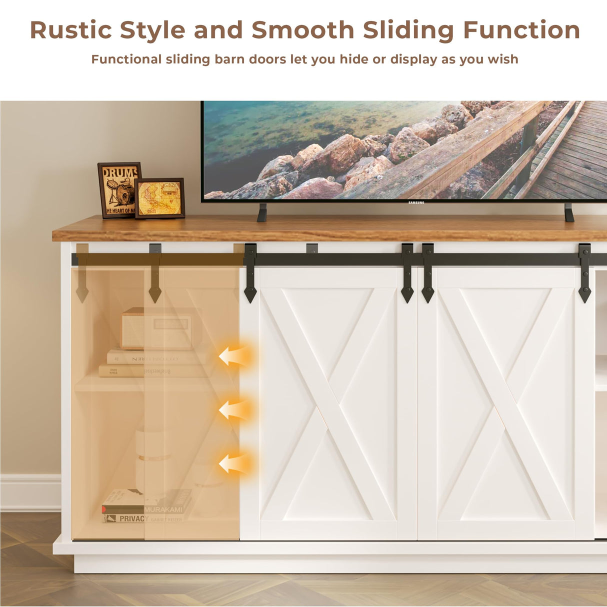 GRUSIGN TV Stand for Televisions up to 65’’, Entertainment Center with Storage Cabinets and Sliding Barn Doors, Media TV Consoles for Living Room, Bedroom, White GRUSIGN