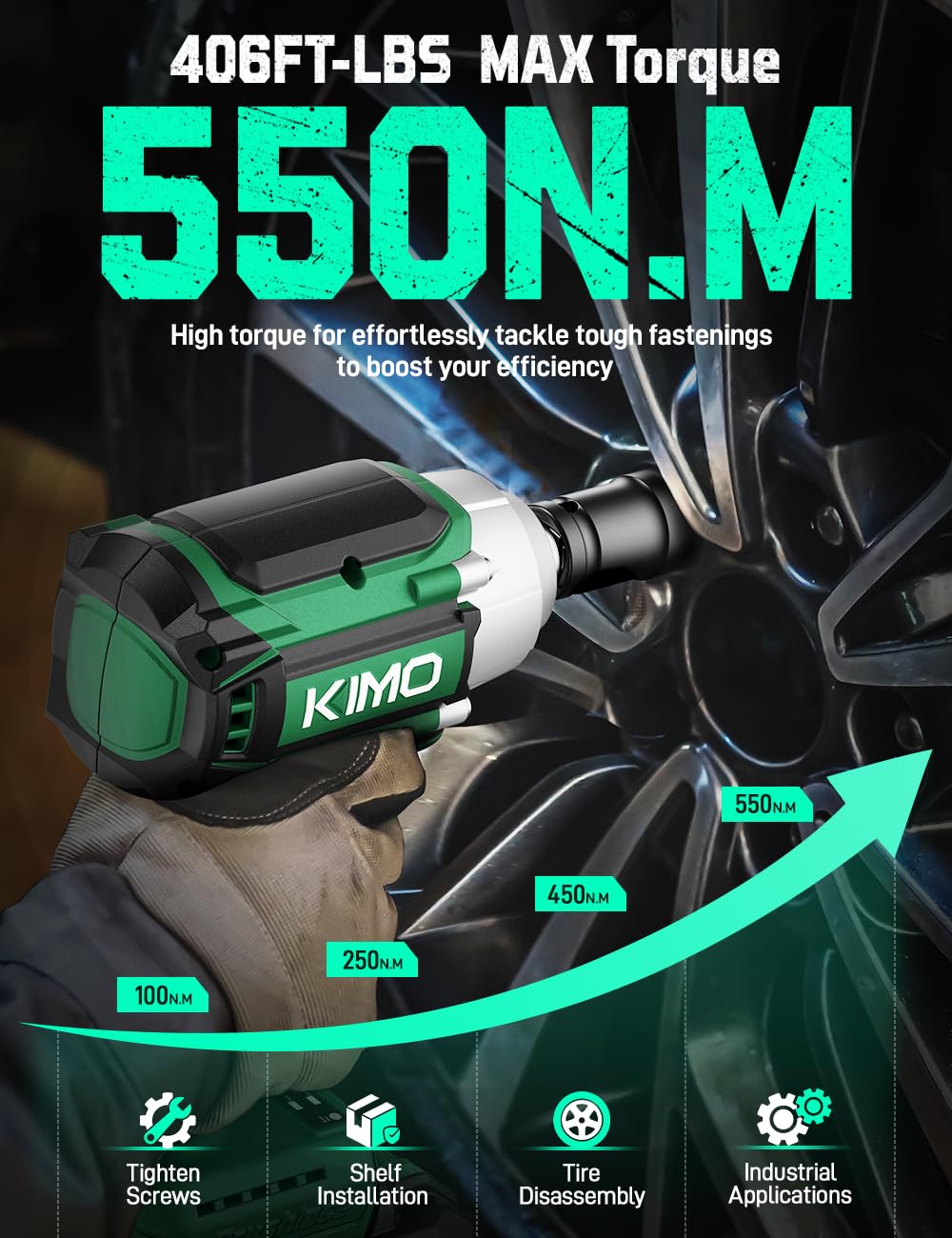 KIMO Impact Wrench 1/2 Cordless,550N.m/406ft-lbs Max Torque & 3000RPM, 2x20V 4.0Ah Battery, Impact Gun with 7 Drive Impact Sockets, 3 Inch Extension Bar, 1 Hour Fast Charger Impact Drill for Car Tires K I M O.