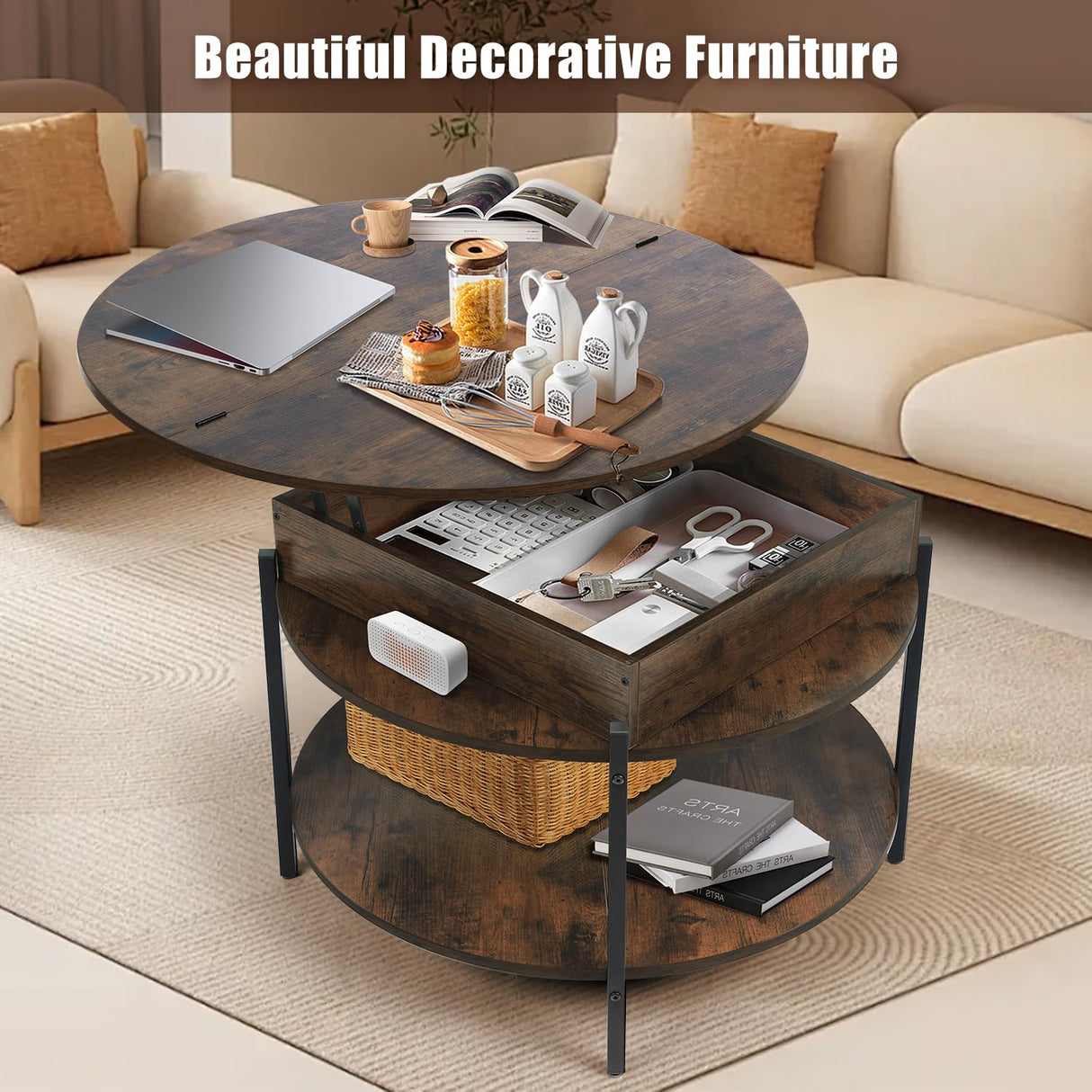 Mmucco 35.43" Round Lift Top Coffee Table with 2-Tier Storage, Circle Storage Coffee Tables with LED Light for Living Room,Round Storage Coffee Table for Home Office Mmucco