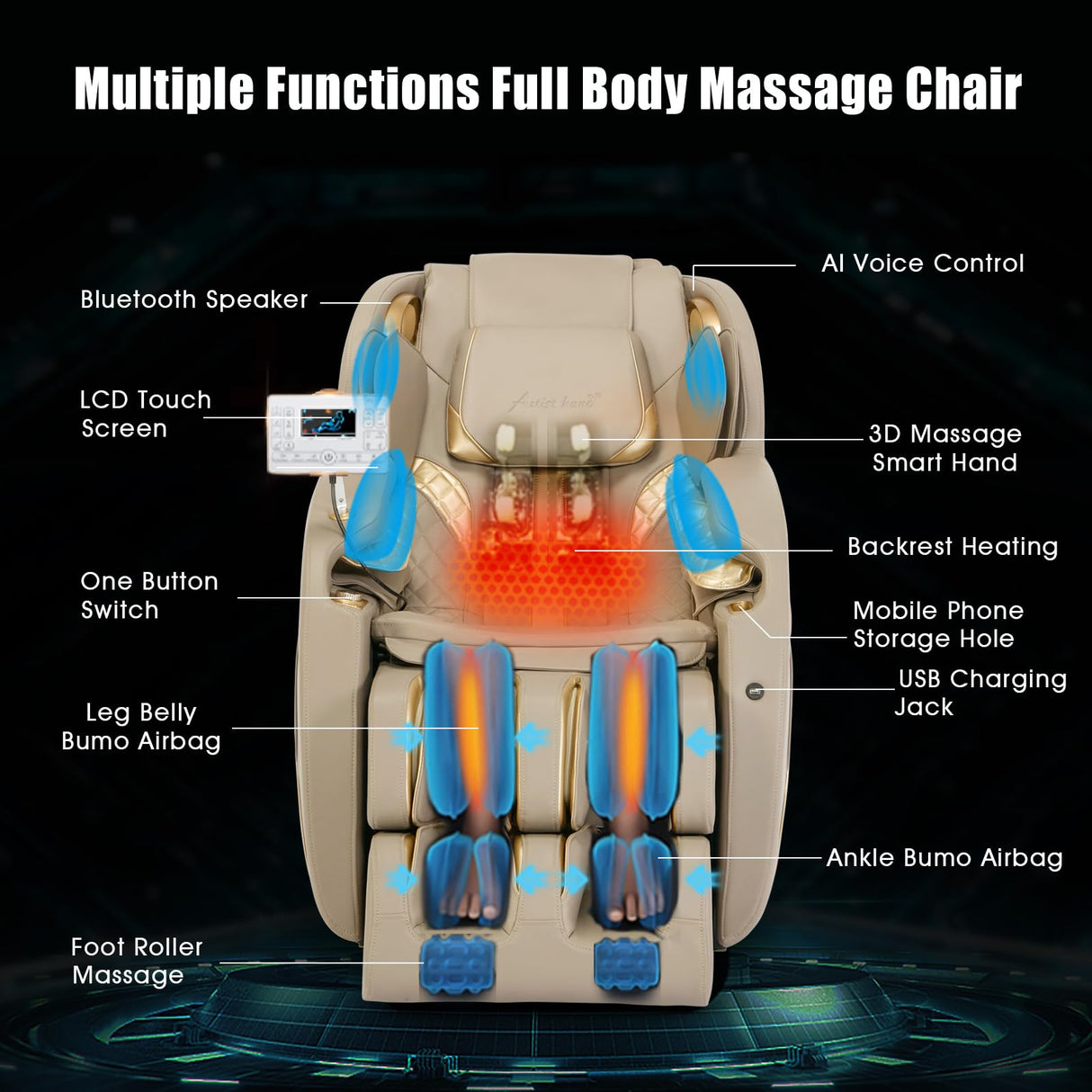 Artist hand Massage Chair Full Body, Zero Gravity Massage Chair SL-Track Shiatsu Massage Recliner Chair with 12 Modes, Bluetooth Speakers, Body Scan, Heating, Foot Roller, AI Control, Airbags, Khaki Artist hand