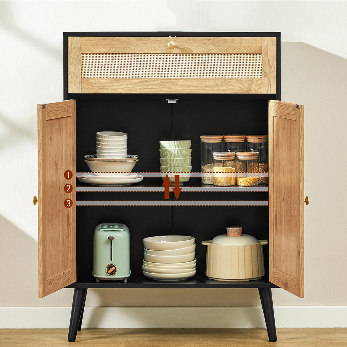 Iwell Storage Cabinet with Adjustable Shelf, Rattan Cabinet with Large Drawer, Sideboard Buffet Cabinet with Storage, Accent Cabinet, Bathroom Storage Cabinet for Dining Room, Entryway, Bedroom, Black Iwell