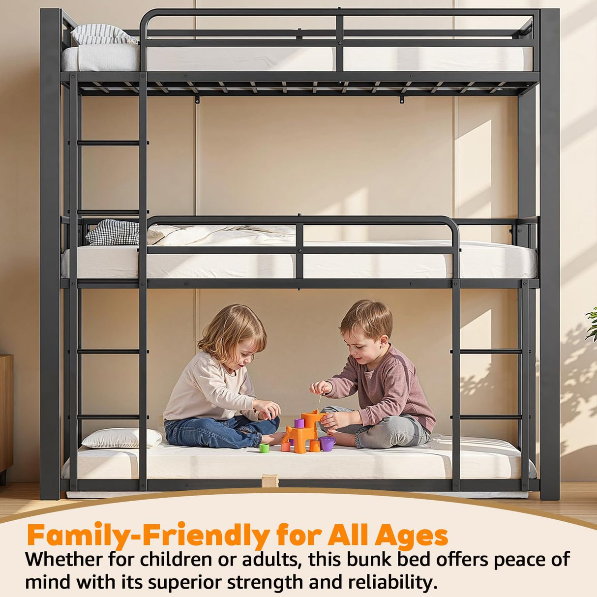 Bunk Beds, Metal Bunk Bed, Triple Bunk Bed for Kids,Teens, Adults, Girls, Boys, Detachable BunkBed Can Be Divided into 3 Twin Beds,No Box Spring Need (Black) Anwick