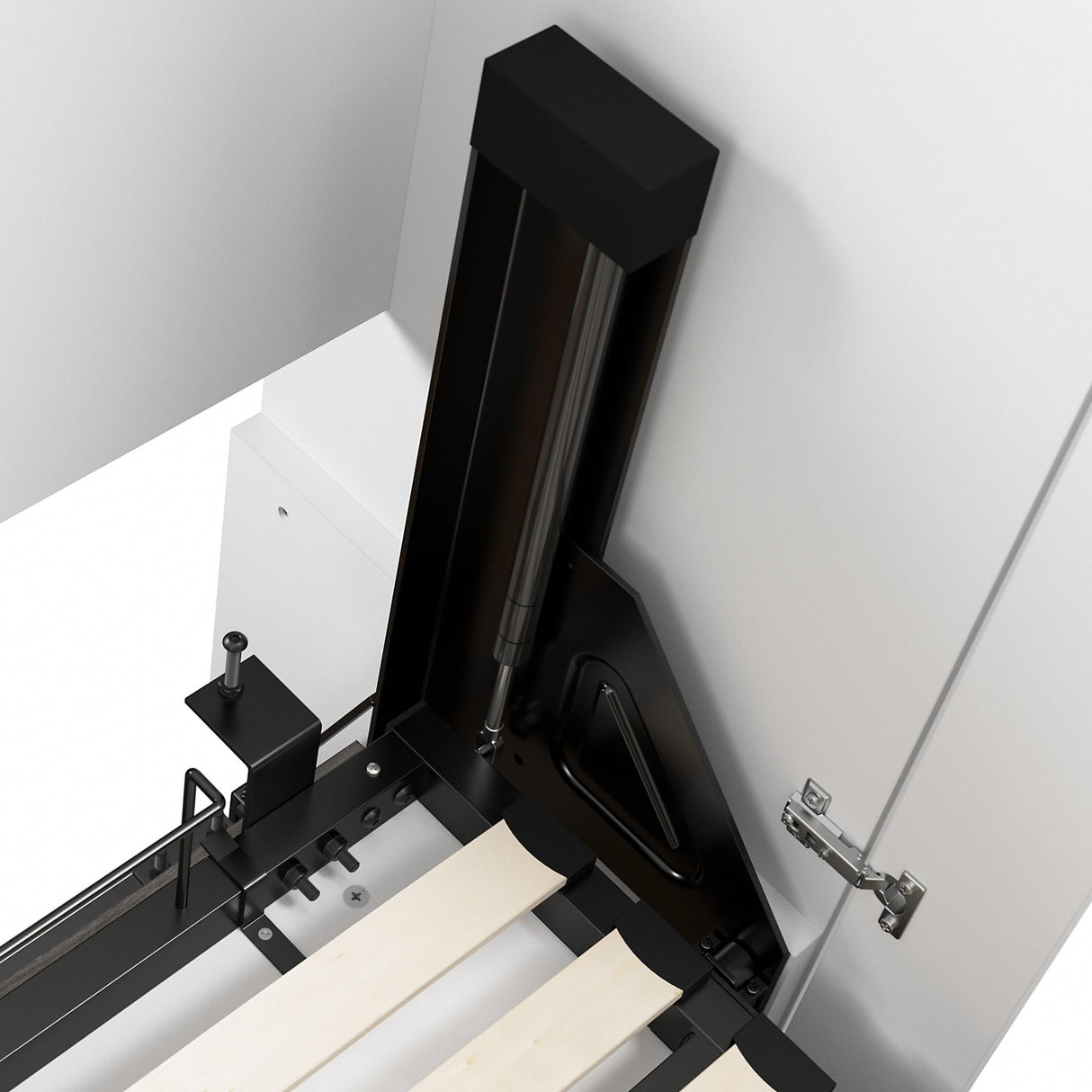 Bestar Orion Queen Murphy Bed with Storage Cabinets and Pull-Out Shelf (106W) in White and Walnut Grey, Sleeping Arrangement with Shelves Bestar