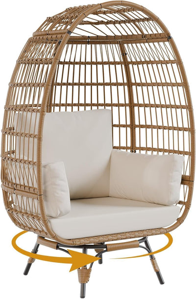 Tioutbot 360° Swivel Egg Chair, Oversized Patio Rotating Basket Chair, Steel Frame and Metal Base, Waterproof, PE Rattan Lounge Chair for Indoor & Outdoor, Porch, Living Room, Backyard, Beige
