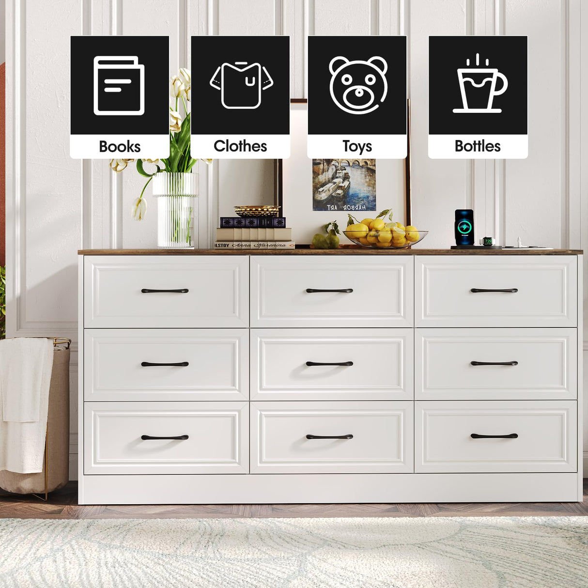 Fameill Dresser for Bedroom, 9 Drawer Wide Dresser Organizer with Charging Station, Tall Dresser for Hallway, Wood Dresser with Metal Handles, Farmhouse White Fameill