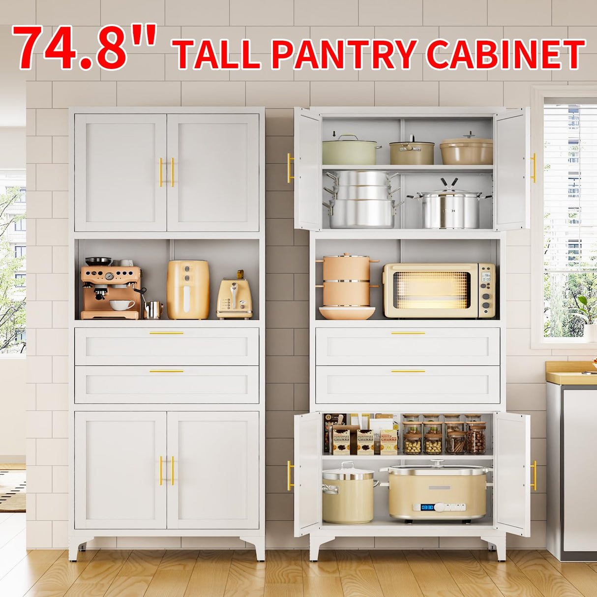 FogQueen 75" Tall Metal Storage Cabinet,Pantry Storage Cabinet with 2 Drawers and Open Space,Kitchen Cupboard with Adjustable Shelves,Multi-Functional Cabinet for Living Room,Bathroom,Garage (White) FogQueen