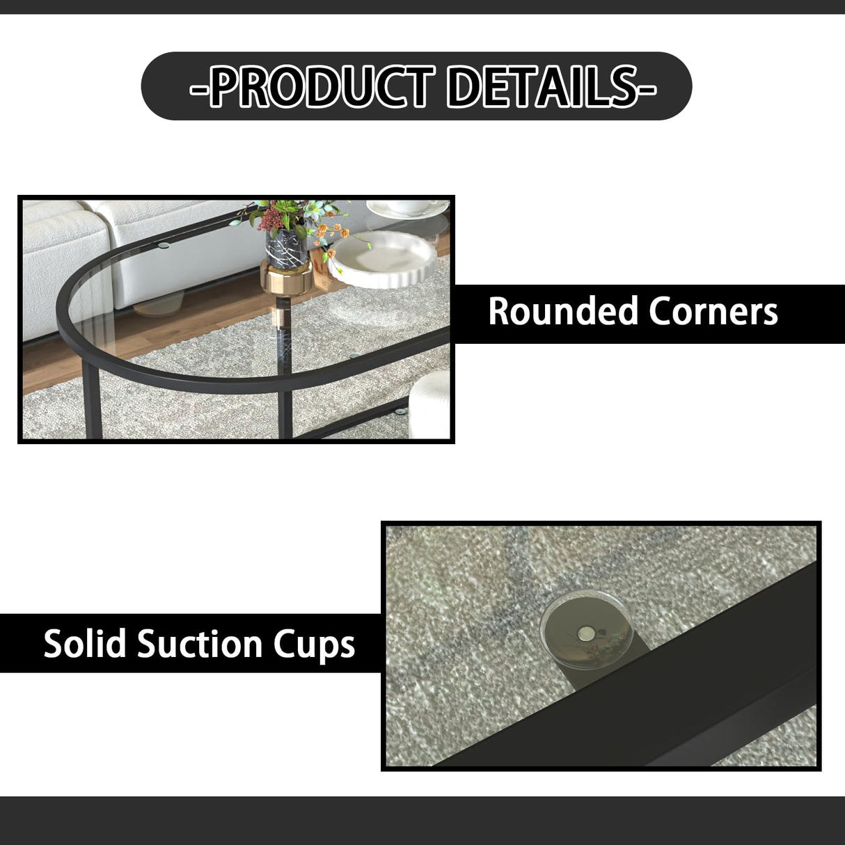 Wolawu Coffee Table Black Glass Coffee Table for Living Room,2 Tiers Oval Center Table with Sturdy Metal Frame,Modern Tempered Glass Accent Table for Bedroom Home Office Wolawu