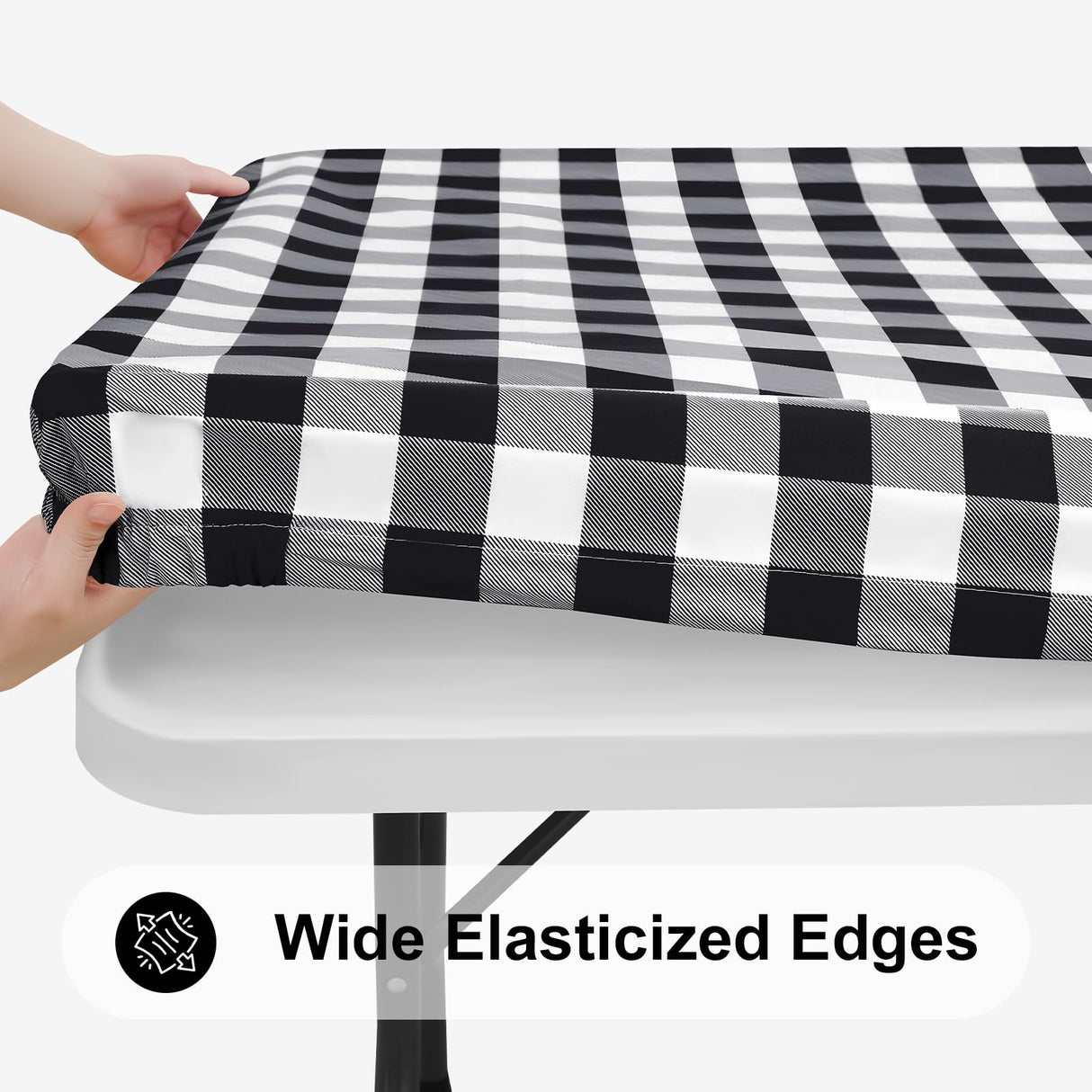 Smiry Rectangle Picnic Table Cloth, Elastic Waterproof Fitted Vinyl Tablecloth for 6 FT Tables, Flannel Backed Buffalo Plaid Table Covers for Dining, Camping, Outdoor (Black and White, 30" x 72") Smiry