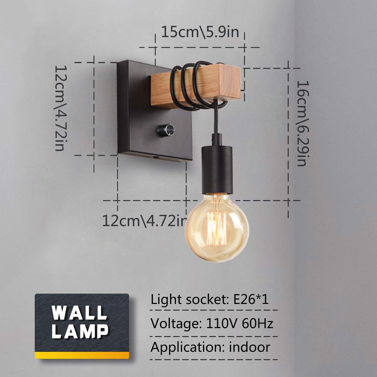 Lightess Black Wall Sconces Dimmable, Edison Wall Light with ON/Off Dimmer Switch, 1-Light Industrial Farmhouse Wall Lamp for Barn Kitchen, Living Room, LG9928784 Lightess