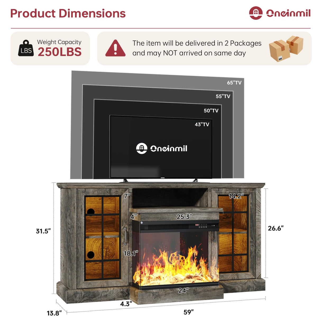 oneinmil 59'' Fireplace TV Stand, 3 Sided Glass Media Entertainment Center Console Table for TVs up to 65'' with Glass Door Adjustable Flame LED Color for Living Room, Set of TV Table, Grey oneinmil