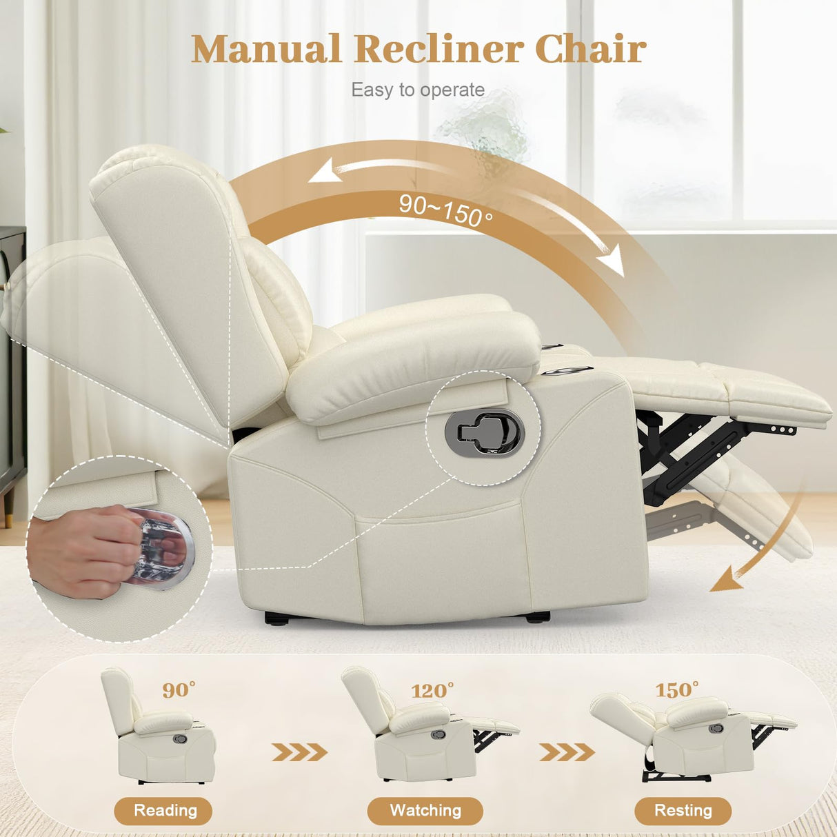 IROSTAE Recliner Chair for Adults, Oversized PU Leather Manual Pull Tab Reclining Chair with Cup Holders, Minimalist Style Single Sofa for Living Room, RV (Ivory White) IROSTAE